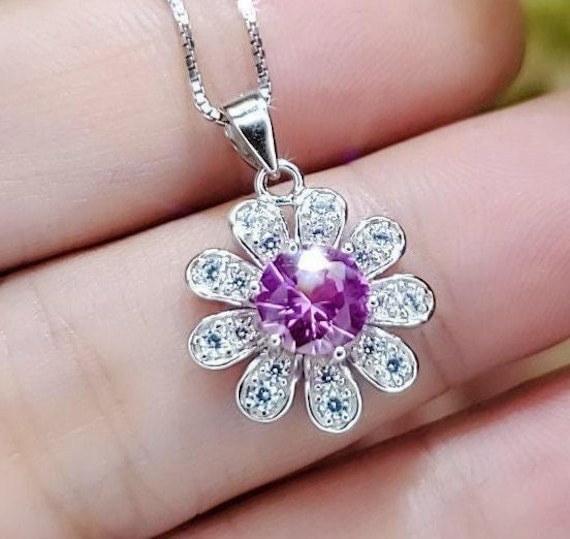 Pink Tourmaline Necklace - 18KGP @  Sterling Silver Sunflower Pendant  Tourmaline jewelry Pink gemstone Flower Style 056