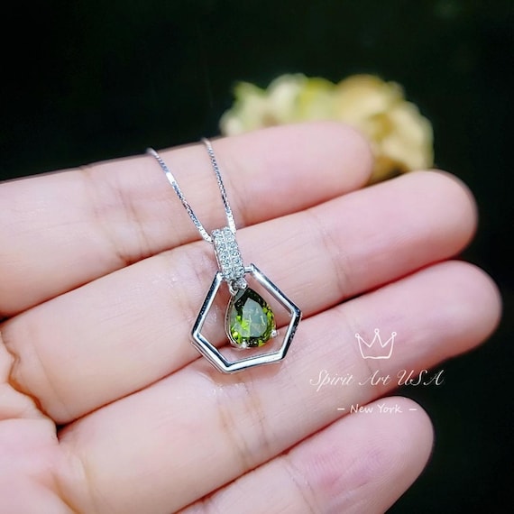 Geometric Green Peridot Necklace - Sterling Silver Tiny Triangle Gemstone Teardrop Peridot Pendant -  Minimalist Green Gemstone Jewelry #116