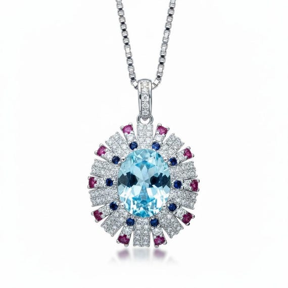 Luxury Radiant Blue Aquamarine Necklace Sky Blue Style White Gold coated Sterling Silver Aquamarine Pendant - Exclusive Design 2.8 CT #899