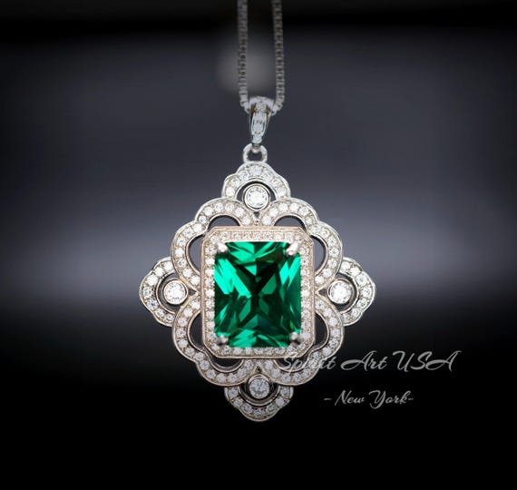 Gorgeous Green Emerald Necklace  - Gemstone Flower Sterling Silver White Gold Coated - Faceted Rectangle 5 CT Emerald Pendant #878
