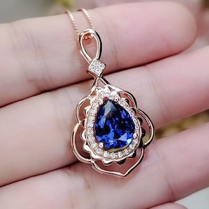 Tanzanite Necklace - Rose Gold 925 Sterling Silver Gemstone Flower Petal Leaf Pear Lab Created Tanzanite Pendant Jewelry #708