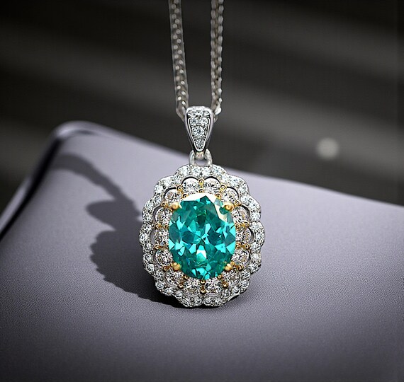 Green Paraiba Tourmaline Necklace - Double Halo Wave Circle - White Gold coated Sterling Silver - Oval 2 Ct Paraiba Pendant #848