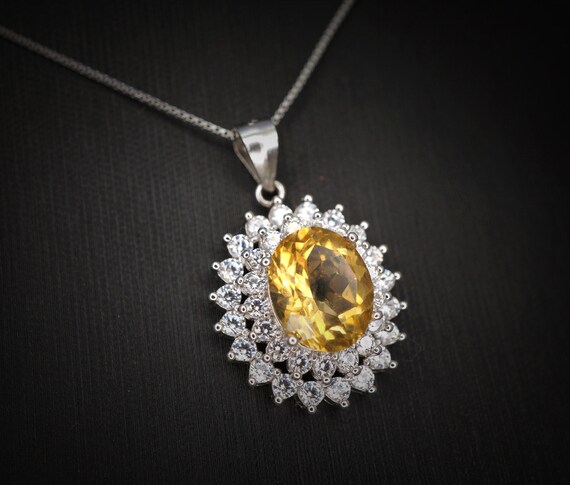 Large Genuine Citrine Necklace Diamond Halo Solitaire Natural Large 3 ct Citrine Pendant  November Birthstone - 18KGP @ Sterling Silver #775