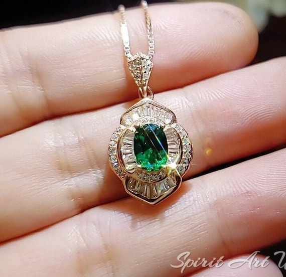 Double Halo Gemstone Rose Gold Emerald Necklace Sterling Silver Flower of Life 1 ct Green Gemstone Pendant  Dainty Emerald Pendant #370