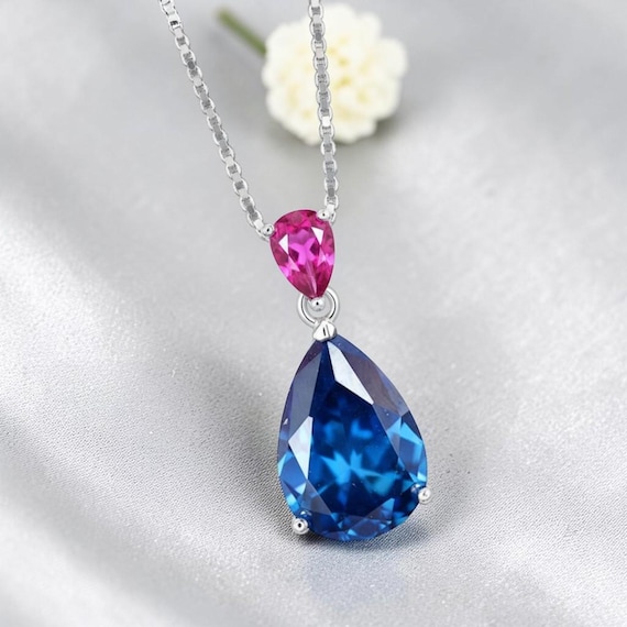Large Teardrop Blue Sapphire Necklace - Pear Cut  7 CT Blue Sapphire Pendant 18KGP  Sterling Silver - September Birthstone  #858