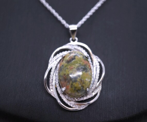 Large Natural Unakite Necklace Full Sterling Silver High Quality Energy  Heart Chakra Healing Green Unakite Pendant #626