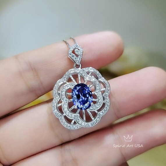 Gemstone Peony Blue Tanzanite Necklace, 2.1 CT Blue Gemstone Pendant 18k @ Sterling Silver Flower  Tanzanite Jewelry #555