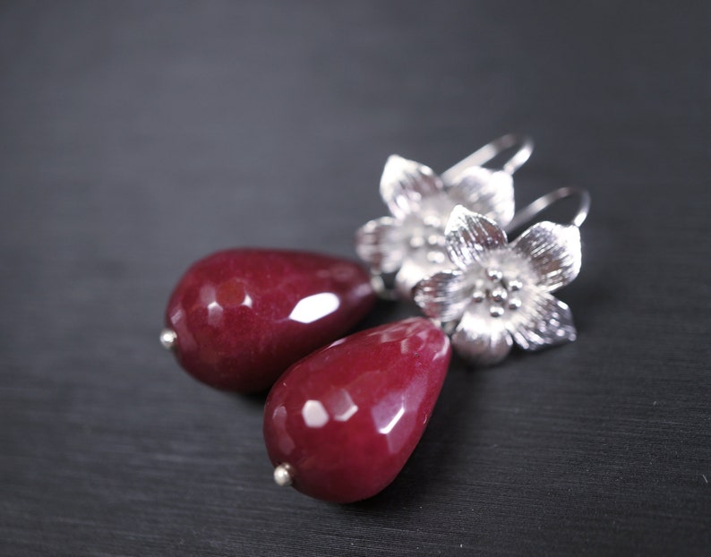 July Birthstone Ruby Jade Earrings Flower Earrings Teardrop Ruby Dangle Earrings Ruby Jewelry