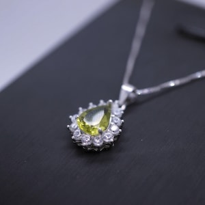 Genuine Peridot Necklace, Sterling Silver Natural Green Peridot Pendant,   925 Silver Box Chain Teardrop Peridot Princess Diana Style #351