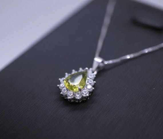 Genuine Peridot Necklace, Sterling Silver Natural Green Peridot Pendant,   925 Silver Box Chain Teardrop Peridot Princess Diana Style #351