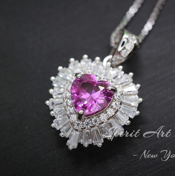 Double Halo Pink Sapphire Necklace -  Pink Heart Pendant - 18KGP @ Sterling Silver - Dainty Fuchsia Red Pink Sapphire Pendant #298