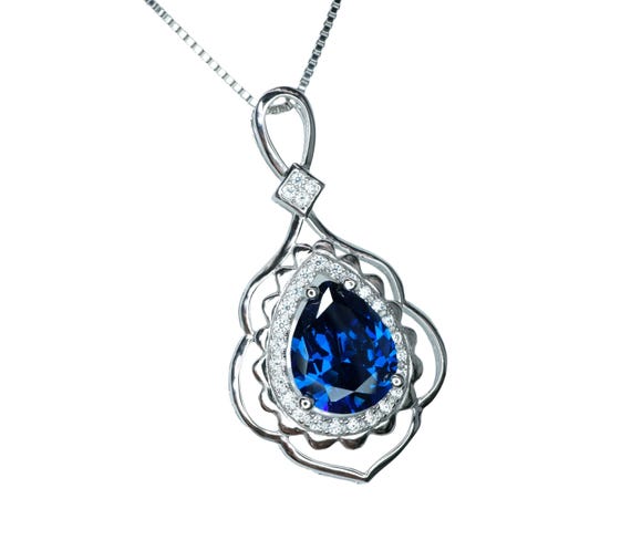 Teardrop Blue Sapphire Necklace 2.75 CT  Royal Blue Sapphire Gemstone Pendant Sterling Silver Pear White Gold Petal Jewelry #773