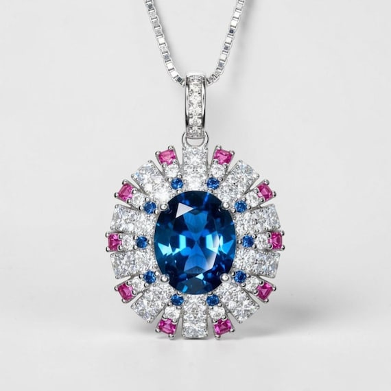 Blue Sapphire Necklace Source Light Style  18KGP @ Sterling Silver - 3 CT Blue Sapphire Pendant -  Radiant Blue Sapphire Jewelry #898