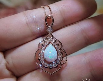 Large Opal Necklace - Rose Gold Coated 925 Sterling Silver Flower Leaf style - Teardrop Opal Pendant #608