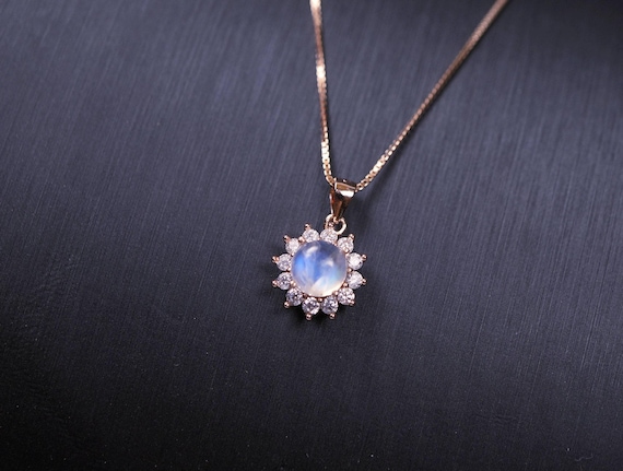 Moonstone Necklace - Rose Gold Necklace - Tiny Moonstone Jewelry -  Moonstone Pendant , Box Chain Princess Diana Style Necklace #994