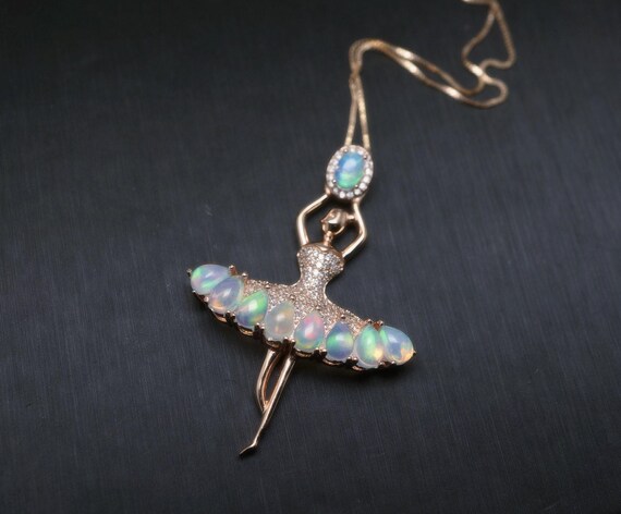Genuine Ethiopian Opal Necklace  Ballet Dancing Girl Rose Gold Sterling Silver Dancer Bridal Wedding  Opal Jewelry #833