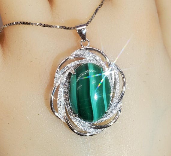 Natural Malachite Necklace - 18KGP @ Sterling Silver -  Large Genuine Oval Green Malachite Pendant - Heart Chakra Healing 1117