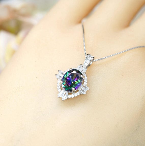 Small rainbow mystic topaz necklace sterling silver made with white gold coated Gemstone style oval cut 16" ~20" adjustable chain #193