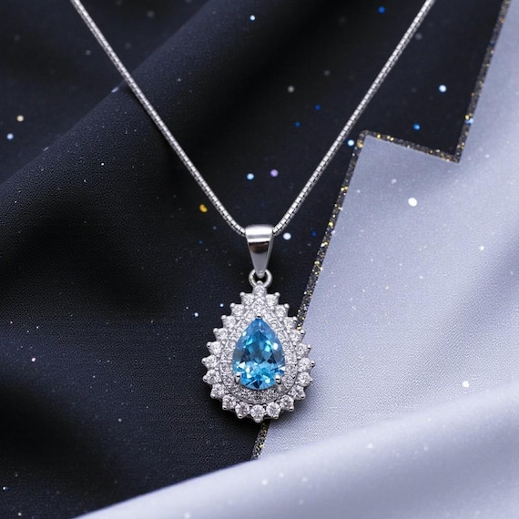 Teardrop Aquamarine Necklace Double CZ stone Circle Tiny March Birthstone Blue Aquamarine Pendant #151