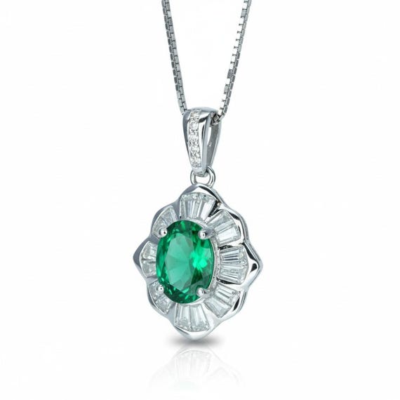 Tiny Emerald Necklace - 18kgp @ Sterling Silver - Mini Green Emerald Pendant -  Gemstone Flower Style - May Birthstone #197