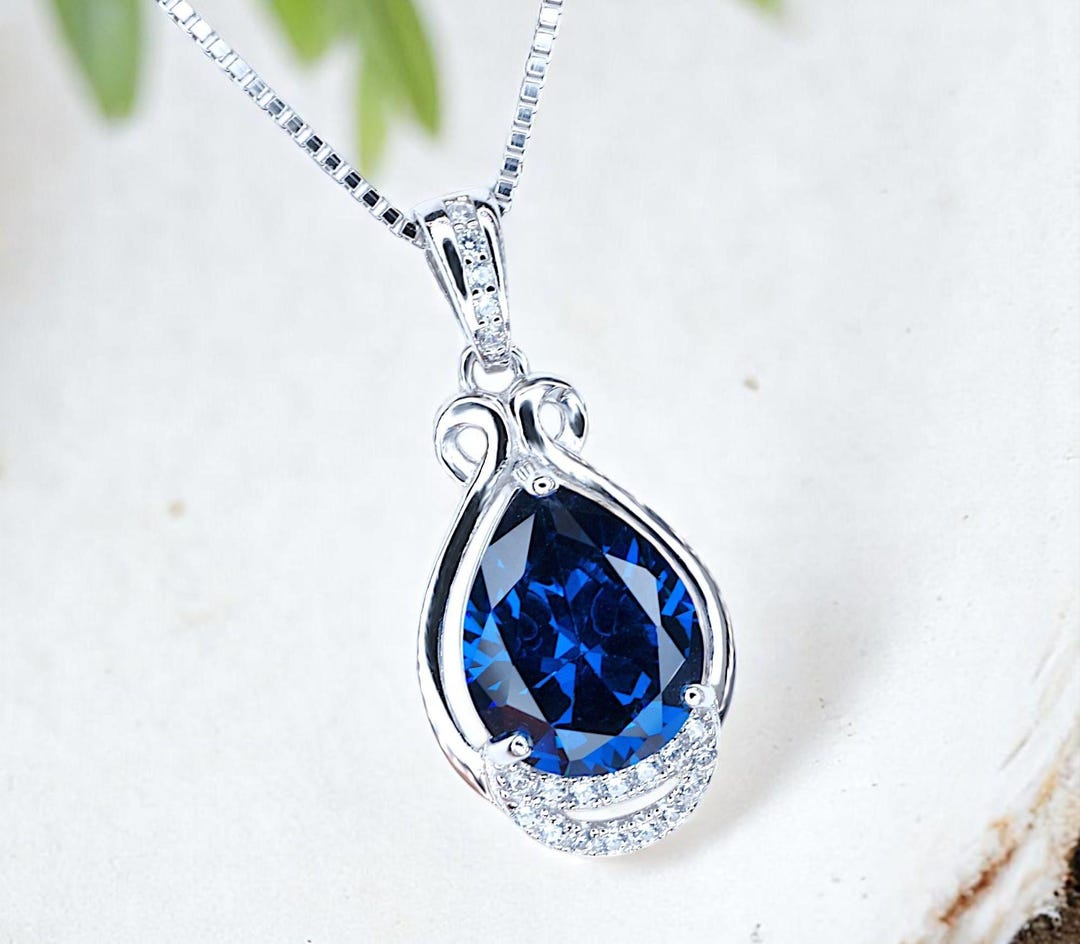 Blue Sapphire Necklace - Teardrop Gemstone White Gold Sterling