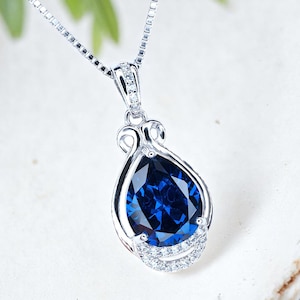Blue Sapphire Necklace  - Teardrop Gemstone White Gold Sterling silver 2.8 CT Sapphire Pendant  - Large Bridal  Jewelry #487