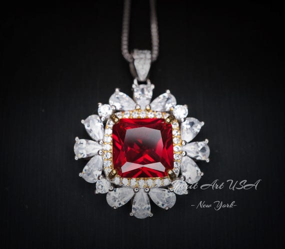 Luxury Square 7 CT Red Ruby Necklace, Gemstone Surround  18KGP @ Sterling Silver - Asscher Cut Large 10 MM Red Ruby Pendant #807