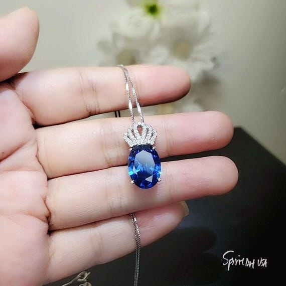 Large Gemstone Crown Sapphire Necklace - 18KGP @ Sterling Silver - 5 CT Oval Cut -   Lab Created Blue Sapphire Pendant #844