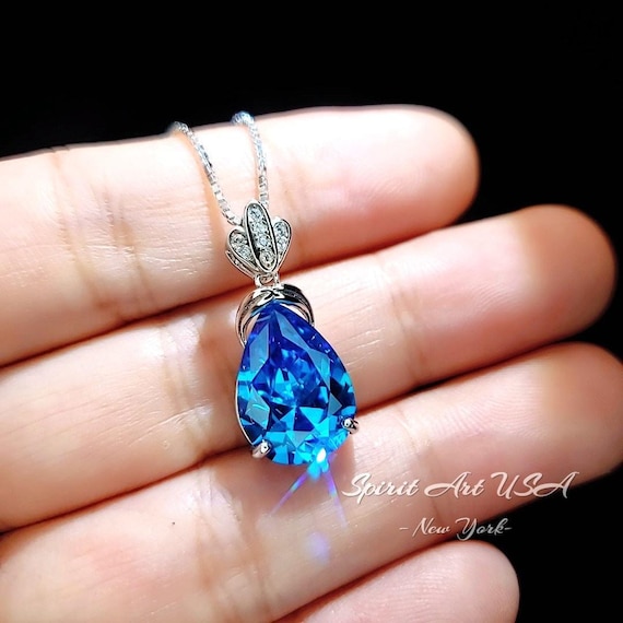Sterling Silver Teardrop Blue Topaz Necklace -  Large Solitaire 6 CT Blue Topaz Jewelry - 18KGP - November Birthstone #784