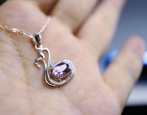 Natural Amethyst Necklace - Tiny Sterling Silver Couple Swan Necklace, Tiny Genuine Amethyst Pendant ,   Bird Animal Yoga Jewelry 1109