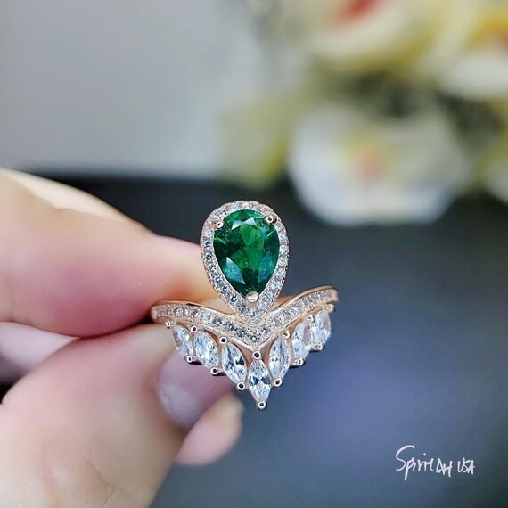 Teardrop Emerald Crown Ring Adjustable Rose Gold Sterling Silver Royal Green Gemstone Solitaire Statement Mult-stone Promise J Ring 1056
