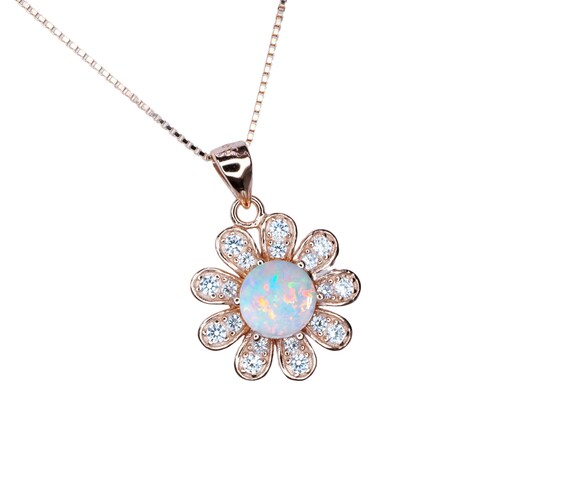 MINI Rose Gold Fire Opal Necklace Sterling Silver Sunflower style Round Tiny White Opal Pendant Solid 18kgp 069