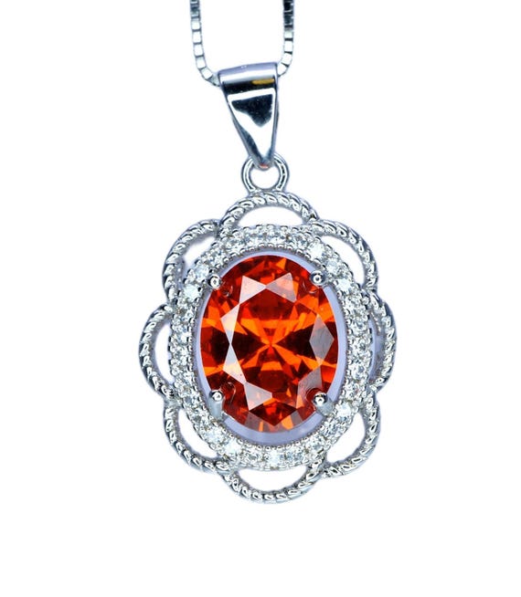 Sunstone Necklace - Sterling Silver Flower Style - Tangerine Orange Sapphire Pendant -  Red Orange Sunstone Jewelry - 18KGP #265
