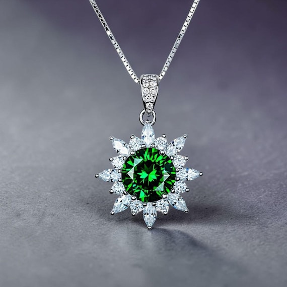 Diopside Sunburst Necklace • Sterling Silver Green Gemstone Halo Pendant • Vintage Style Birthstone Necklace •  Chain 1125