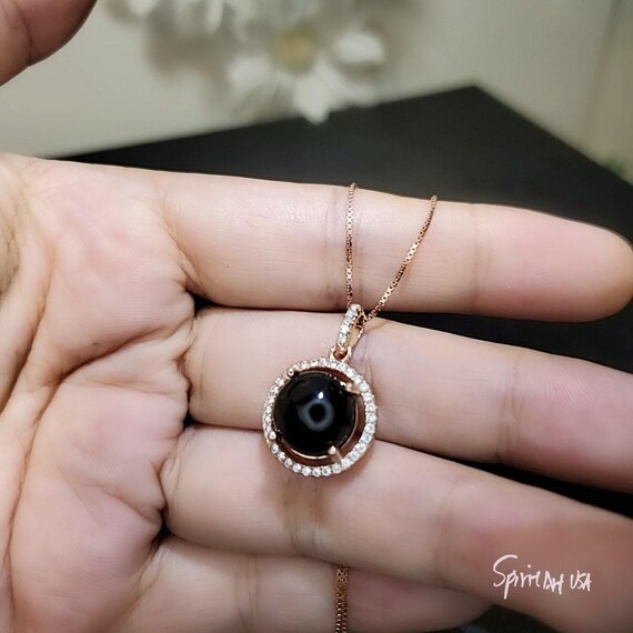 Solitaire Black Onyx Necklace , Classic 4 CT Natural Genuine Onyx Pendant -  18KGP @ Sterling Silver - Black Gemstone Protective Stone #159