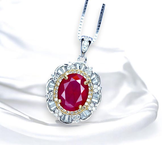 Ruby Flower Necklace - Sterling Silver 3 ct Oval Diamond Red Gemstone Pendant 14k White Gold Plated July Birthstone Gold Surround Style #710