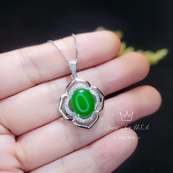 Flower Of life Jade Necklace - White gold plated Sterling silver Oval  Green Jade Pendant #942