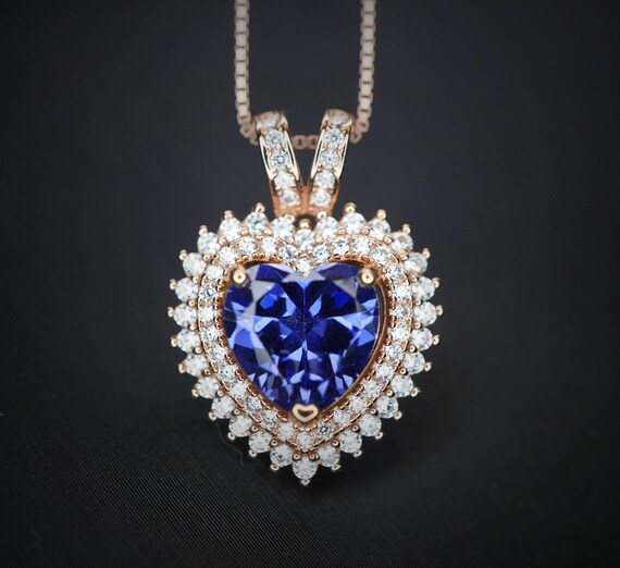 Tanzanite Heart Necklace - 18KGP @ Sterling Silver - Double Halo Heart Tanzanite Pendant - December Birthstone   #578