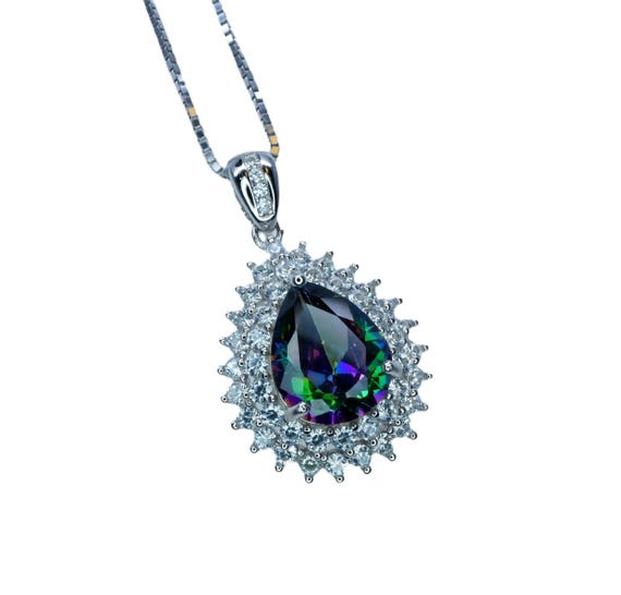 Double Halo Mystic Topaz Necklace - 18KGP Sterling Silver - 3 CT eardrop Rainbow Mystic Topaz Pendant -  Gemstone Pear Layered #490