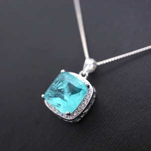 Large 10mm Paraiba Necklace - Sterling Silver cushion Square 6 CT  Blue Paraiba Tourmaline Pendant #477