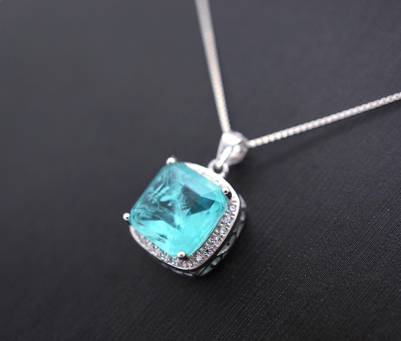 Large 10mm Paraiba Necklace - Sterling Silver cushion Square 6 CT  Blue Paraiba Tourmaline Pendant #477