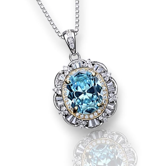 Large Aquamarine Necklace - March Birthstone - 18KGP @ Sterling Silver - Gemstone Royal  Flower Style - 2.8 CT Blue Aquamarine Jewelry #722