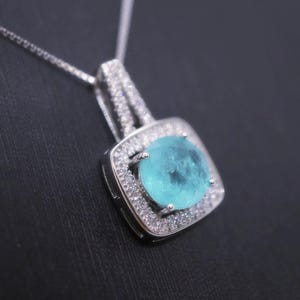 Square Blue Paraiba Tourmaline Necklace Sterling Silver 8 mm Round Paraiba Gemstone Pendant #007