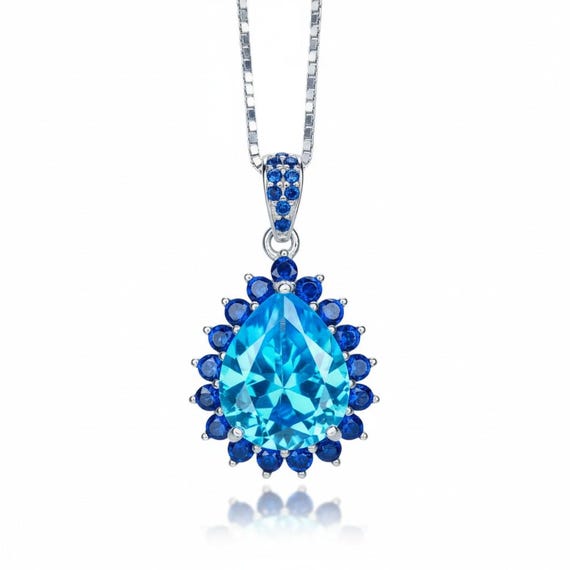 Large Blue Topaz Necklace - Blue Sapphire Halo - Blue Topaz Pendant -  Teardrop Blue Topaz Jewelry - 18kgp @ Sterling Silver - 4 CT #598