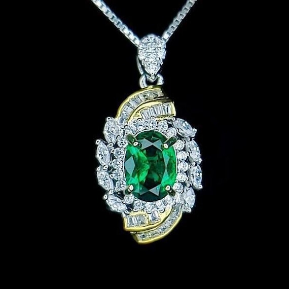 Oval Emerald Necklace - Life Spiral 1.5 CT Green Gemstone Pendant  Spiritual Gemstone Flower  Silver Gold Halo May Birthstone #641