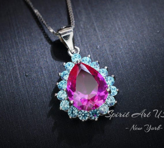 Teardrop Pink Sapphire Necklace - Aquamarine Halo Pink Sapphire Pendant - 18KGP - Sterling Silver  - 2.75 CT Fuchsia Gemstone Jewelry #669