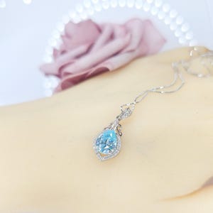 Aquamarine Necklace - 18KGP @ Sterling Silver Blue Aquamarine Pendant -  Mini Teardrop Blue Gemstone March Birthstone #297