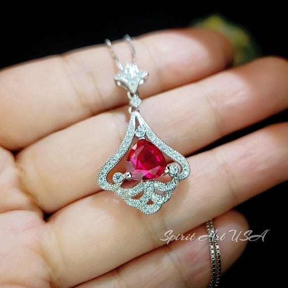 Mandolin flower Red Ruby Necklace - 1.2 ct Trillion Cut Red Ruby Pendant -  White Gold coated Sterling Silver #1007