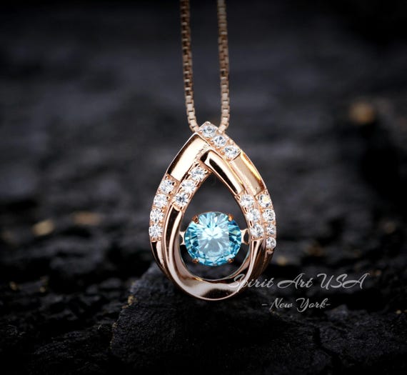 Aquamarine Necklace - Dynamic Swing Pendant -18KGP Rose Gold  @ Sterling Silver -  0.85 Ct Blue Aquamarine Jewelry - March Birthstone #177