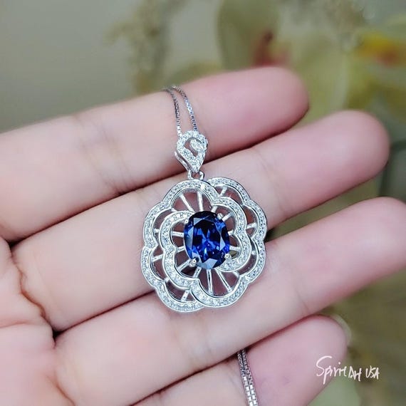 Gemstone Peony Blue Sapphire Necklace , 2.1 CT Blue Gemstone Pendant ,  Large White Gold plated Sterling Silver Flower Sapphire Jewelry #561